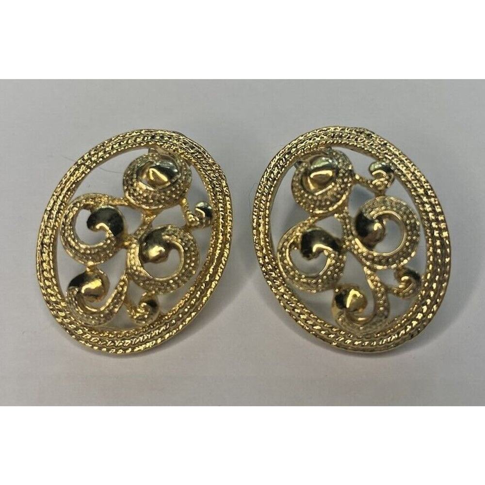 Vintage Sarah Coventry Gold Tone‎ Oval Swirl Detail Pierced Earrings PB78